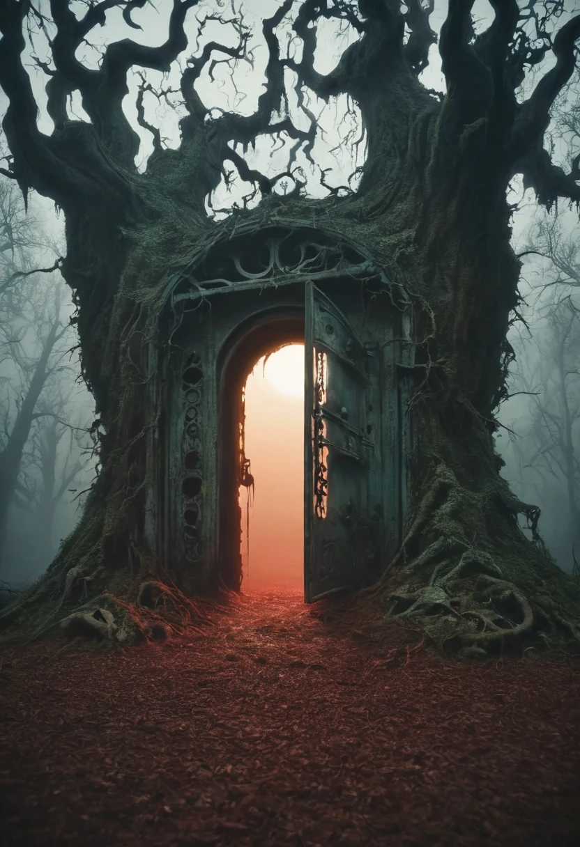 A massive, old steel door, surrounded by dilapidated, overgrown structures, stands in a gloomy, abandoned area. The door is rusted and bears the markings of “SCP-004”, with 12 different keyholes on the front. In the background are eerie, Misty trees and the faint glow of a setting, blood red moon to see. A strange, unnatural glow radiates from a slightly opened gap in the door, and dark shadows seem to slowly move out.