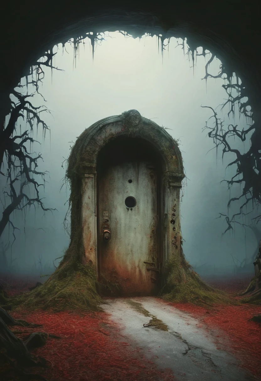 A massive, old steel door, surrounded by dilapidated, overgrown structures, stands in a gloomy, abandoned area. The door is rusted and bears the markings of “SCP-004”, with 12 different keyholes on the front. In the background are eerie, Misty trees and the faint glow of a setting, blood red moon to see. A strange, unnatural glow radiates from a slightly opened gap in the door, and dark shadows seem to slowly move out.