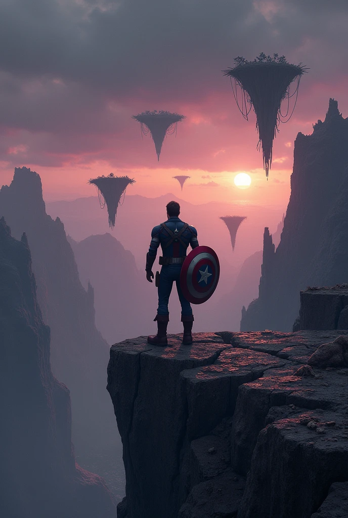 Clareza e Especificidade no Prompt: Captain America is positioned in the foreground, standing on the edge of a crumbling cliff that overlooks a vast, shattered landscape. The scene focuses on his reflective pose as he contemplates the broken fragments of what once was a stable timeline.
Detalhes Visuais: Captain America is shown from a slight side angle, his shield strapped to his back, glowing faintly from the remnants of the Reality Stone’s power. His posture is strong yet weary, with his head slightly bowed as he looks out over the devastated world. The landscape ahead is filled with jagged, floating landmasses, twisted trees, and remnants of past battles—all suspended in mid-air as if frozen in time. The sky is a deep, ominous blend of dark purples and blues, with streaks of light piercing through the clouds, hinting at a potential dawn or the last remnants of a dying world.
Contexto e Composição: The composition centers on Captain America, with the background expanding into a vast, broken world that stretches towards the horizon. The perspective should give a sense of scale, with Captain America appearing small against the immensity of the fractured landscape, highlighting the uncertainty and gravity of the situation.
Atenção ao Ambiente: The environment should reflect a world on the brink of collapse. The ground beneath Captain America is cracked and uneven, with small fragments of earth hovering slightly above the surface. In the distance, floating islands of land and debris drift aimlessly, connected by thin, glowing threads of temporal energy. The atmosphere is heavy, with swirling clouds above, and the distant glow of a setting or rising sun casting long shadows across the terrain.
Referências Emocionais: The atmosphere is melancholic and reflective, filled with a sense of loss and contemplation. Captain America’s stance is firm but conveys the weight of his thoughts as he faces an uncertain future. His expression is solemn, his eyes fixed on the horiz