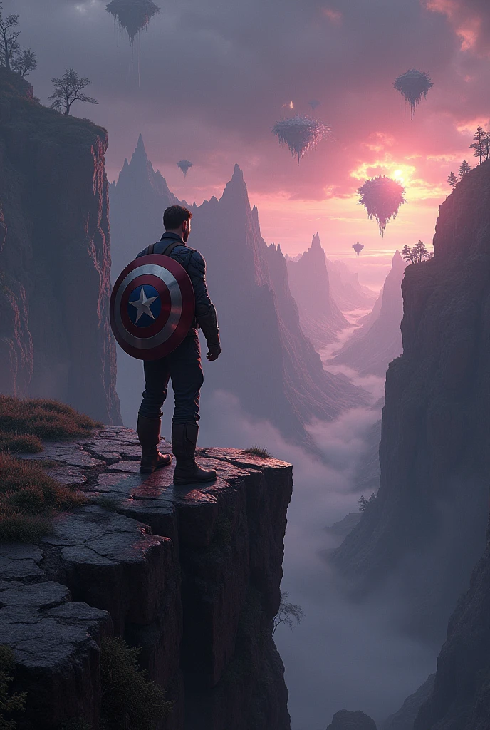 Clareza e Especificidade no Prompt: Captain America is positioned in the foreground, standing on the edge of a crumbling cliff that overlooks a vast, shattered landscape. The scene focuses on his reflective pose as he contemplates the broken fragments of what once was a stable timeline.

Detalhes Visuais: Captain America is shown from a slight side angle, his shield strapped to his back, glowing faintly from the remnants of the Reality Stone’s power. His posture is strong yet weary, with his head slightly bowed as he looks out over the devastated world. The landscape ahead is filled with jagged, floating landmasses, twisted trees, and remnants of past battles—all suspended in mid-air as if frozen in time. The sky is a deep, ominous blend of dark purples and blues, with streaks of light piercing through the clouds, hinting at a potential dawn or the last remnants of a dying world.

Contexto e Composição: The composition centers on Captain America, with the background expanding into a vast, broken world that stretches towards the horizon. The perspective should give a sense of scale, with Captain America appearing small against the immensity of the fractured landscape, highlighting the uncertainty and gravity of the situation.

Atenção ao Ambiente: The environment should reflect a world on the brink of collapse. The ground beneath Captain America is cracked and uneven, with small fragments of earth hovering slightly above the surface. In the distance, floating islands of land and debris drift aimlessly, connected by thin, glowing threads of temporal energy. The atmosphere is heavy, with swirling clouds above, and the distant glow of a setting or rising sun casting long shadows across the terrain.

Referências Emocionais: The atmosphere is melancholic and reflective, filled with a sense of loss and contemplation. Captain America’s stance is firm but conveys the weight of his thoughts as he faces an uncertain future. His expression is solemn, his eyes fixed on the horiz