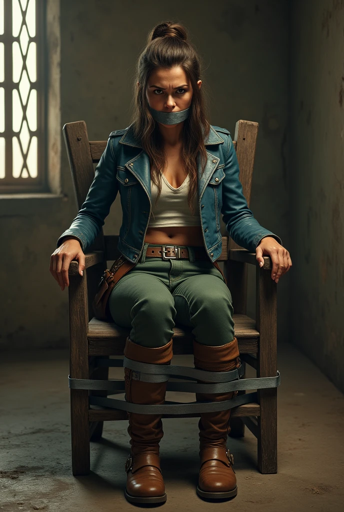 (photorealism:1.7), Kay to Star Wars Outlaws, wear a blue short leather jacket, brown leather boots, green jeans, mouth tied, her hands are tied behind her back, duct tape, silver tape, gagged, her tied to an old prison chair, her legs are tied to an old prison chair, indoors, few light, soft dark room, realistic, He is held captive in a Star Wars Outlaws prison ,sharp details, warm colors, latticed window, angry