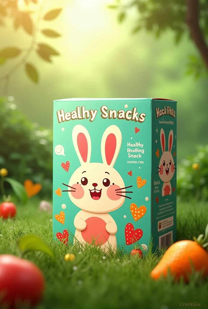 a box with packaging of healthy snacks for children from the Creckids brand with a rabbit character