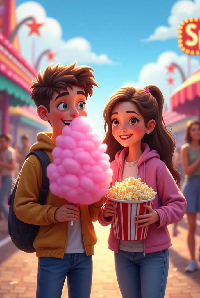 Pixar teenage boy eating cotton candy and teenage girl with popcorn in hand, in an amusement park, with a sign in the background that says SPLASH 