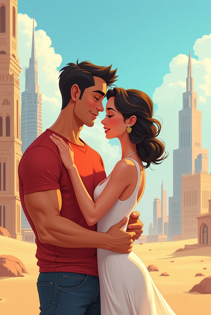 Cartoon of a robust Latin man and an Asian woman in the United Arab Emirates hugging each other