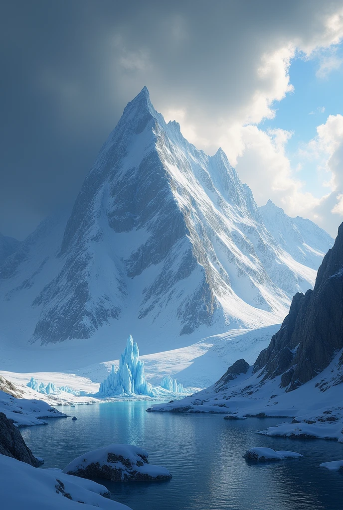 Ice mountains with good sunshine and datk clouds