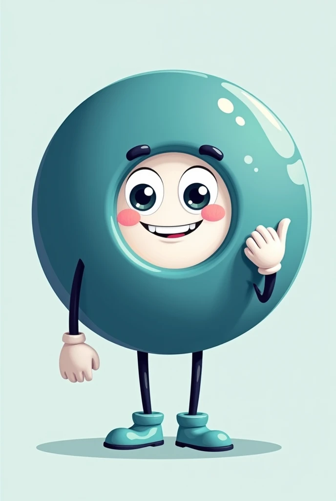 "crie um personagem, in cartoon style, with the following characteristics: a circular body "c" predominantly dark blue. The character has a white face centered in the circle, with big, round, expressive eyes that convey help to others. The character has a welcoming and friendly expression. He has thin black arms with white gloves and black legs wearing light turquoise shoes.. The character must be in an animated pose, with one hand showing a sign of help to others and support. The general climate should be friendly and supportive., as if the character was ready to help in any situation."