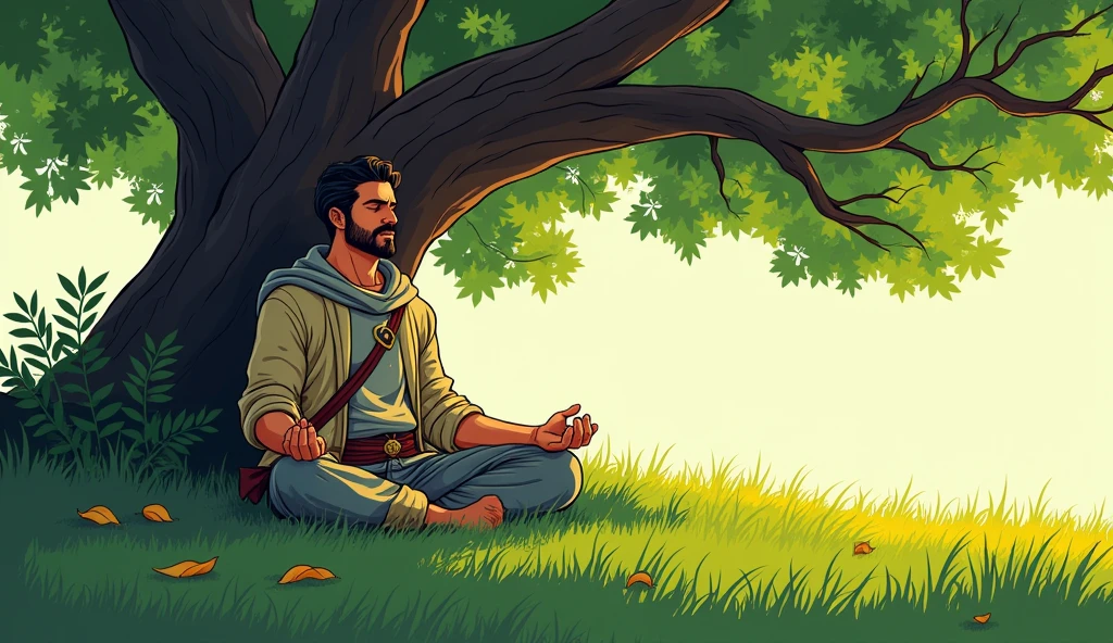 Comic style. Arav, the adult warrior, sits cross-legged under the large tree, meditating peacefully. The background includes the tree’s expansive branches creating a natural canopy, with dappled sunlight filtering through the leaves. The grass beneath him is soft, and a few fallen leaves are scattered around, adding to the tranquil atmosphere of his meditation