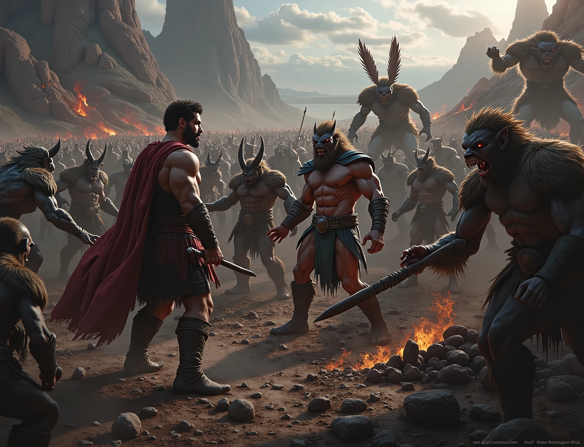 Hercules facing an army of mystical creatures! Epic and cinematic scene