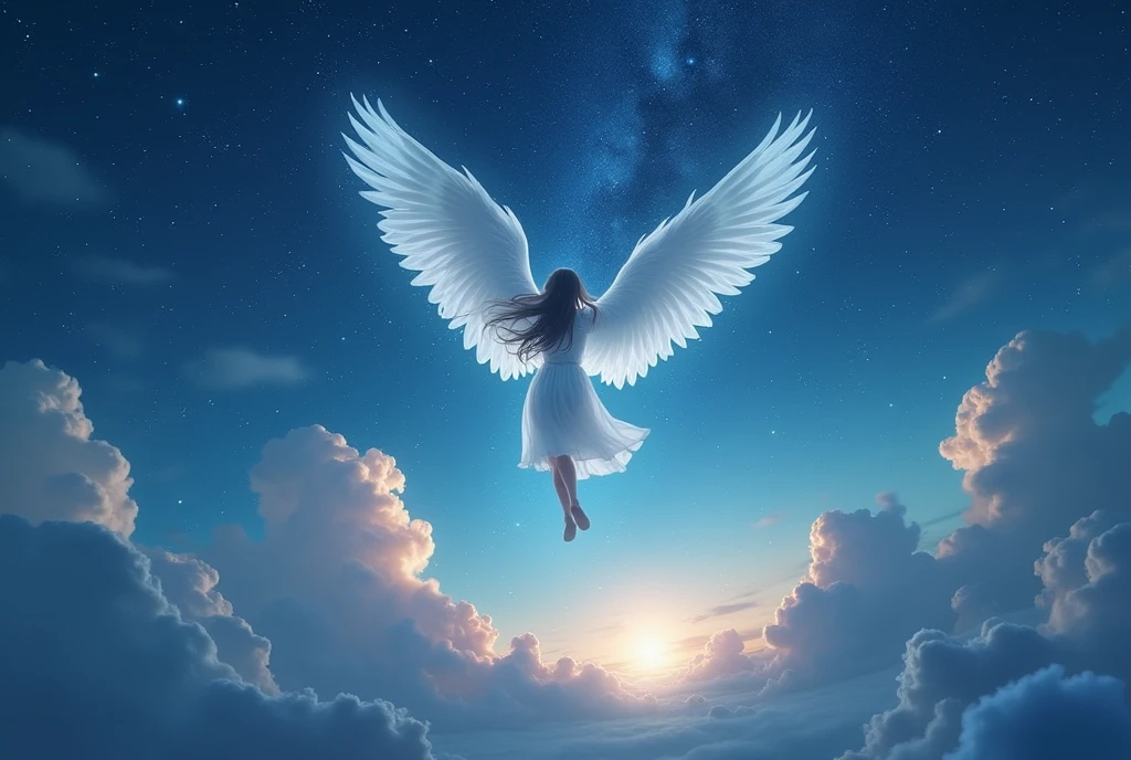 ((masterpiece, Highest quality, Best image quality, High resolution, Realistic, RAW Photos, 8k)), ((Highly detailed CG synthesis 8k wallpaper)), (Starry sky background、A beautiful star is shining、The girl flew off into the sky on her white wings.、Smiling kindly at the audience、A girl's smile floating vaguely in the starry sky、Mysterious starry sky、Incredible beauty, Perfect Proportions:1.4), Looking up at the stars from the ruins of ancient Greece,From Mount Olympus、 Movie Posters, past, present and future,