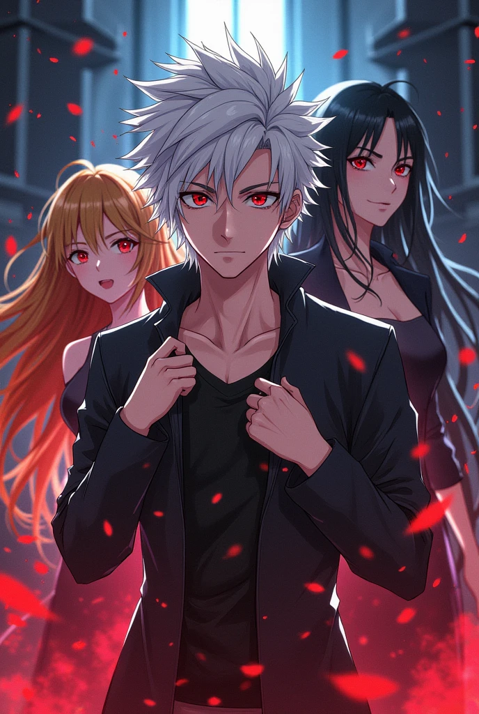 Web novel anime layer.
Man with white hair and red eyes, red-haired woman, blonder woman, woman with black hair and a wicked face in the background.