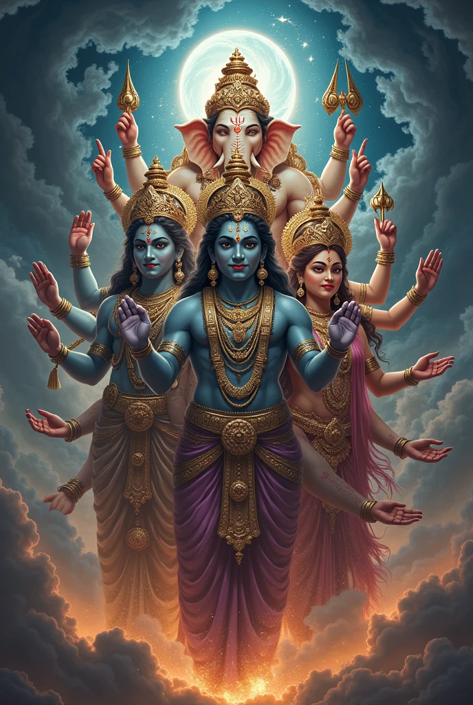 インドのgodガネーシャ、Shiva、Vishnu、Brahma Parvathilakshmi、fantasy art dark sky、high quality、god々Shii、


High resolution, 最high quality