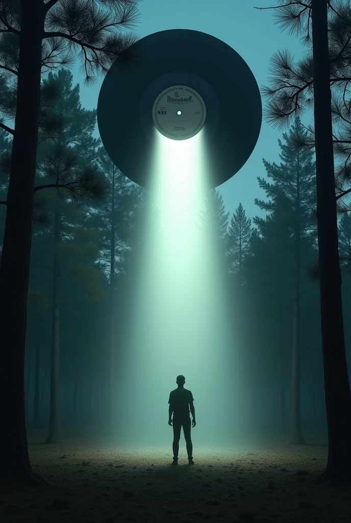 Vinyl record on its side with a white light descending from the center of the record and abducting a man at night in a pine forest