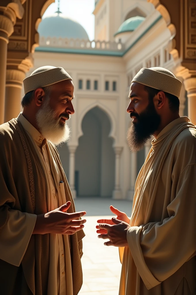 A Muslim man talking to another man 