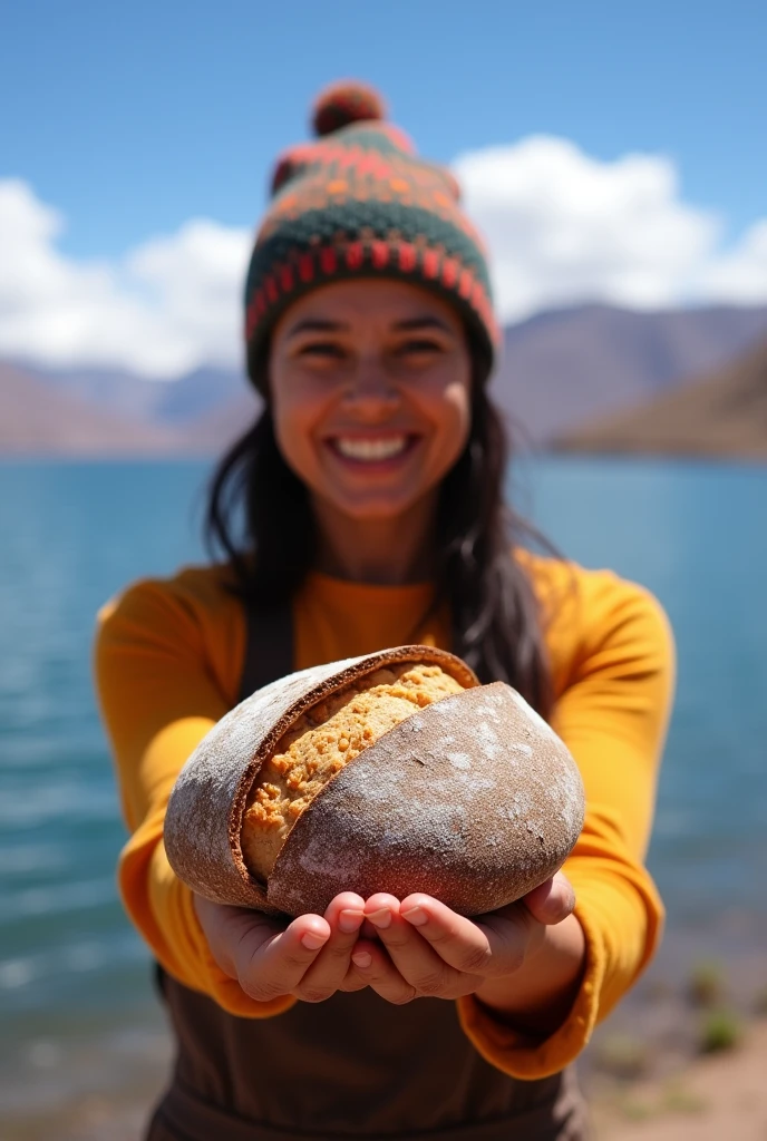 
artisanal bread from Puno in Peru for social networks image with the background of Lake Titicaca, baker with indigenous highland chullo presenting the bread