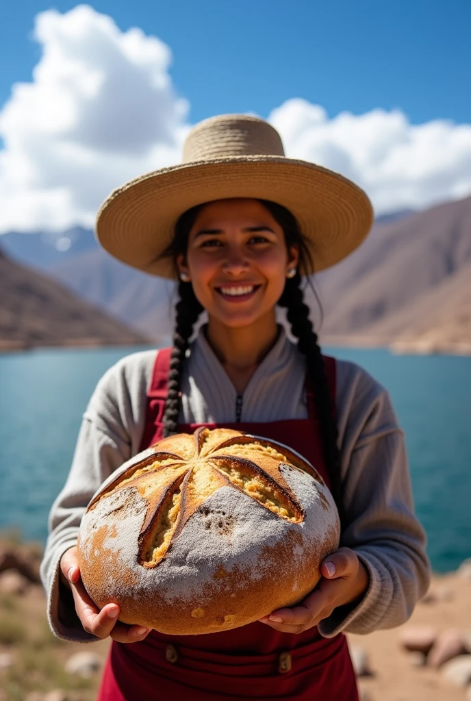 
artisanal bread from Puno in Peru for social networks image with the background of Lake Titicaca, baker with indigenous highland chullo presenting the bread