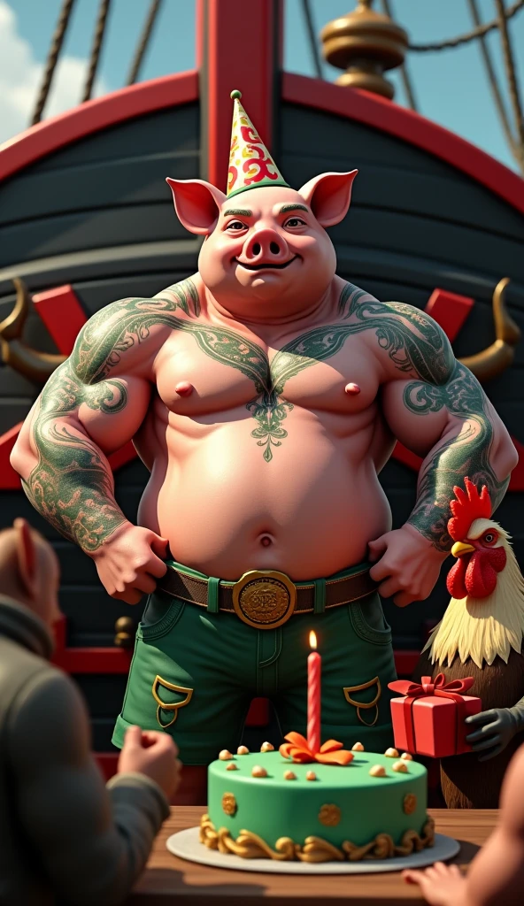A muscular pig, puffy chest and shirtless, green tattoos, celebrating his birthday, black ship decoration black ship thick red Maltese cross, green birthday cake candle in the shape of a thick red cross, guest bird muscular rooster, puffy chest, holding gift, wearing birthday hat