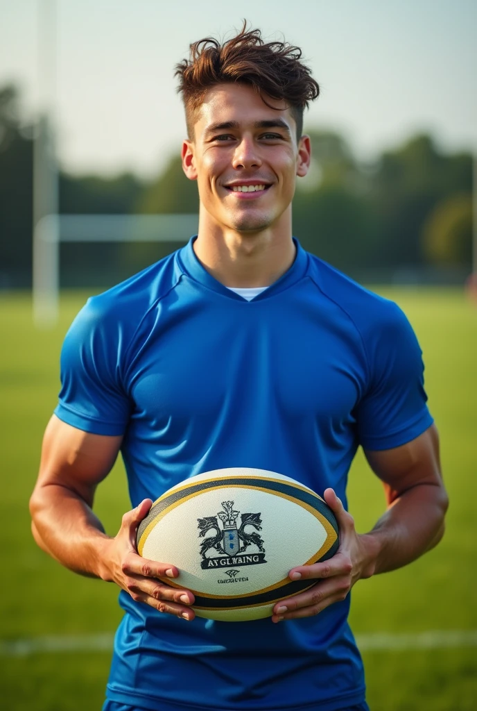 Picture of an extremely handsome 1 man, with the face of a Greek god, very beautiful, marked jaw, blue eyes, laughing, muscular and big, Rugby player, with a blue rugby uniform, and a rugby ball in his hands, in the background a rugby field
