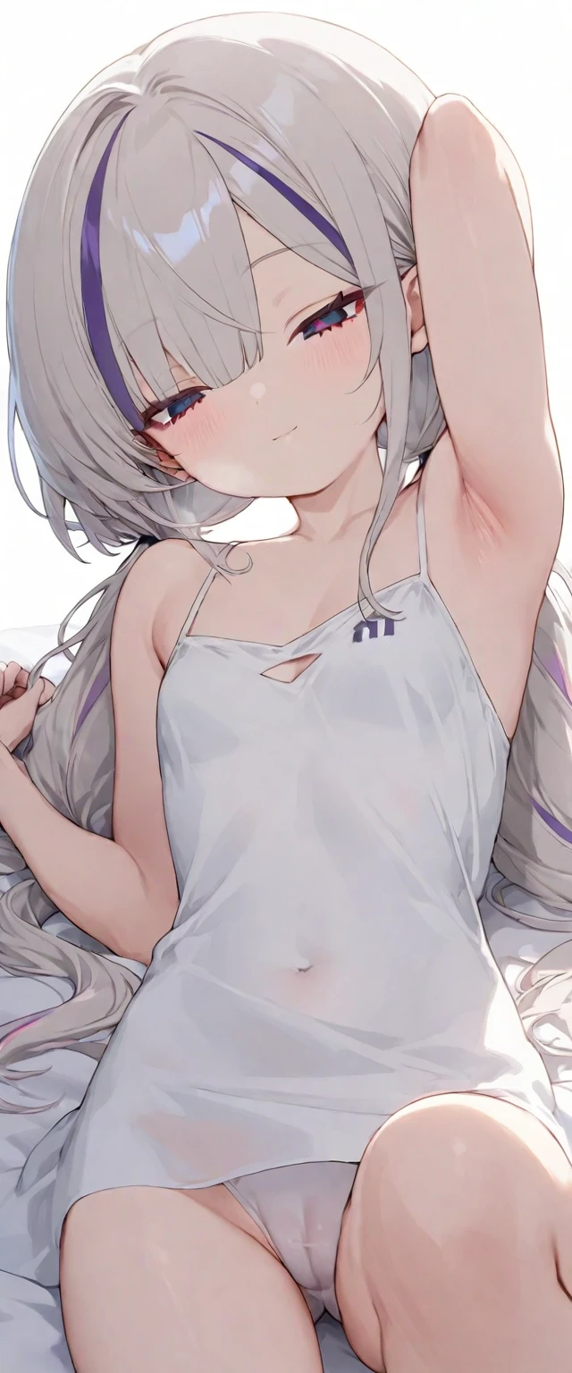 (musterpiece), (best quality), (score_9, score_8_up, score_7_up), very detailed eyes, expressive eyes, perfect face, very detailed face, highly detailed face, beautiful girl, 8K, beautiful girl, (white background:1.3), delicate and beautiful face and eyes, dark intense shadow, 1 girl, solo, vtuber style, cool girl, Nijisanji, Makaino Ririmu, grey hair, streaked hair, low twintails, see-through:camisole, oversized white camisole, big white camisole, off the shoulders, Healthy slim body, small chest, soft chest, cleavage, clavicle, cameltoe, half-closed eyes, sleeping, breathing, ass visible through thighs, (whole body), sleeping face, lying on back, lying on bed, arm up, arm on forehead, armpit, look up, light smile, one knee up, from below, pov chest,