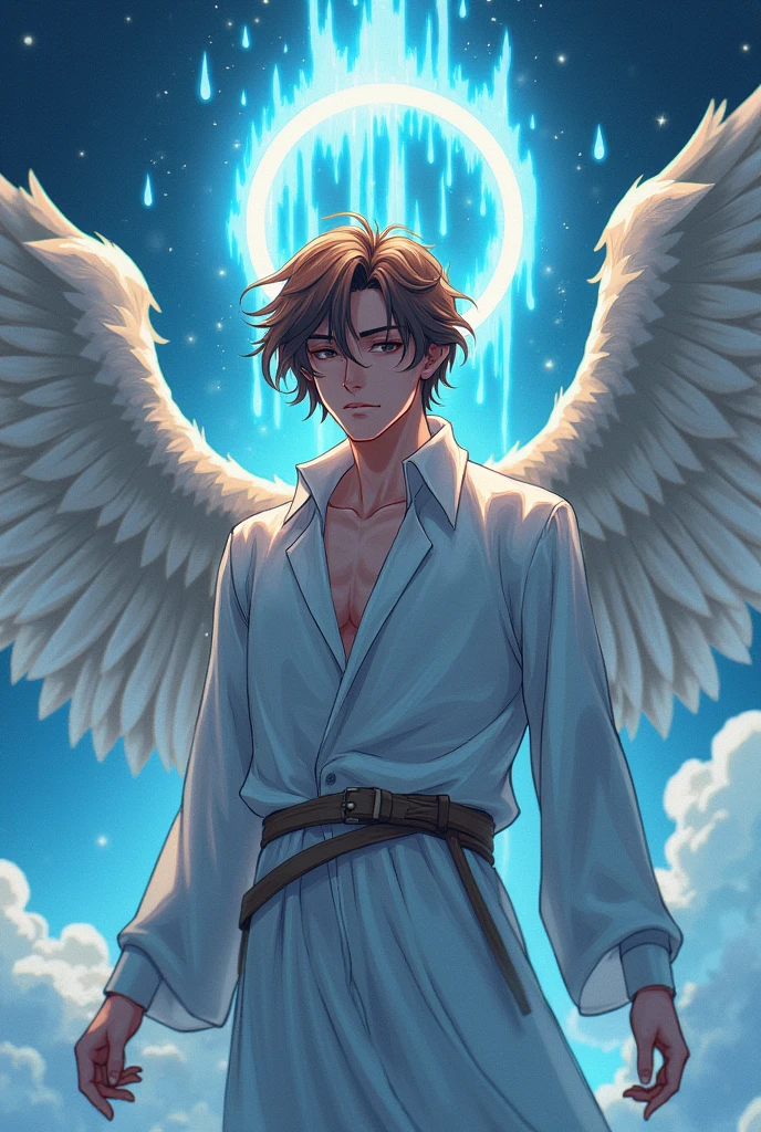 Un homme ange, brun, une auréole qui dégouline et une aile squelettique. Anime style