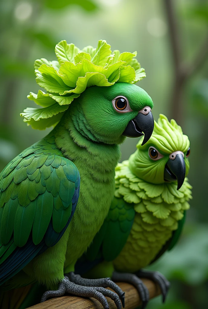 A very green parrot has a lettuce wife