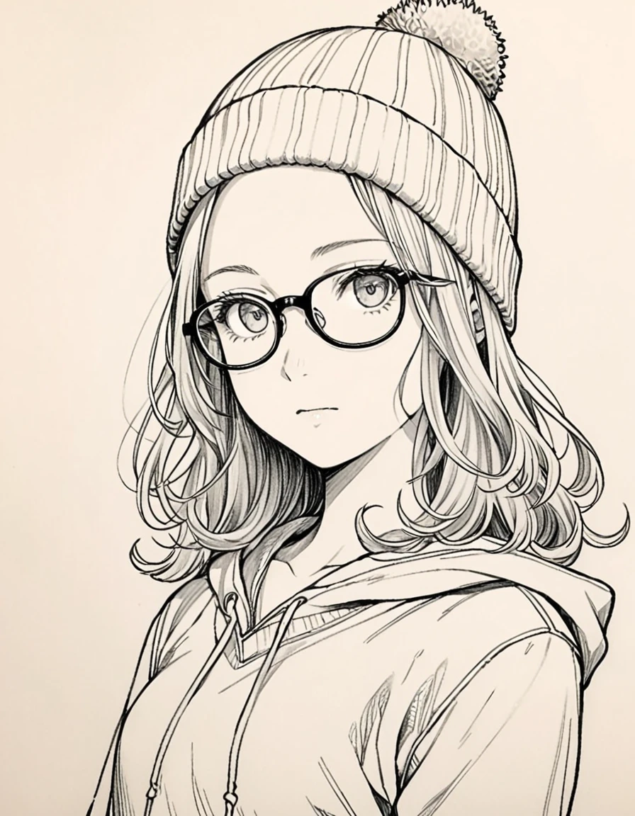 1 female, 30-year-old, alone, thin, slender, small breasts!!!, Loose curly hair, Bedhead, Forehead, thin, slender, (((Knit cap, glasses))), hoodie, Skinny skirt, Are standing, art, black and white, line art, pencil drawing, draft, White background, portrait