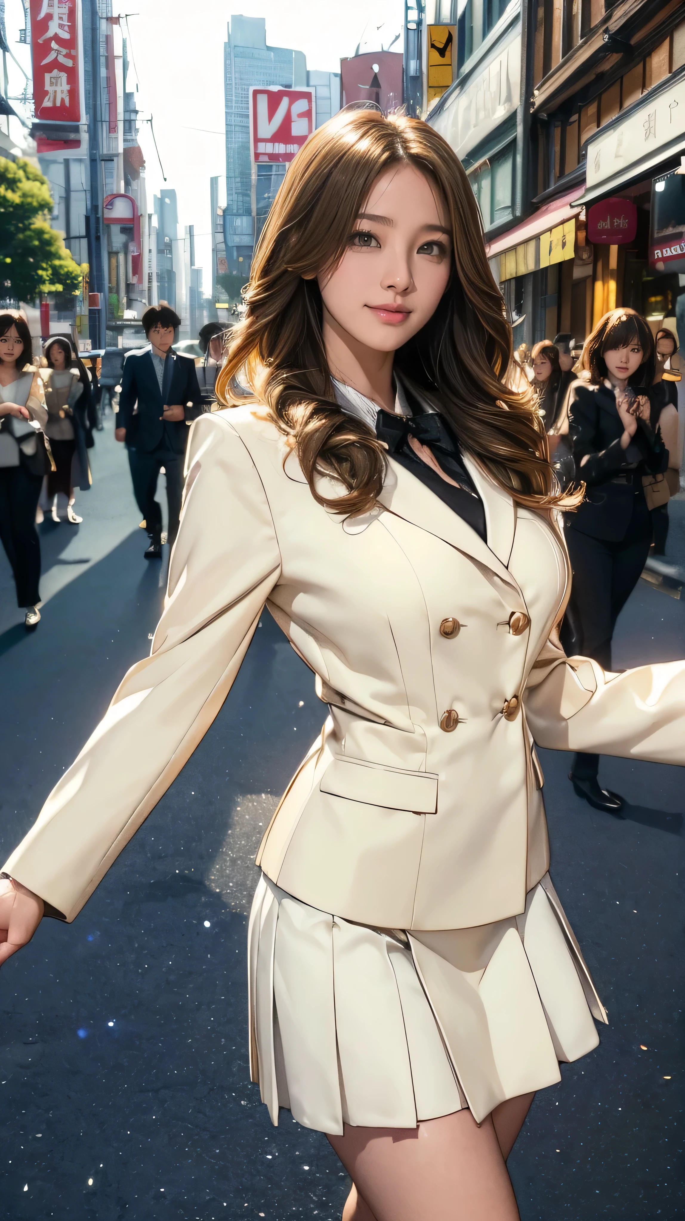 (Very detailed, Realistic, Highest quality, 4K, 8k, High resolution, masterpiece:1.3), An attractive flight attendant with a graceful and elegant figure. Erin Anderson is tall and slender, long, Long, wavy, golden blonde hair styled in loose curls. Long hair that reaches down to the buttocks.She has attractive, friendly, bright green eyes.. She wears a provocative silk uniform, White vertical ruffle silk blouse、Pair it with a blazer jacket, Short flared skirt, Black high heels, Silk scarf,(Long hair that reaches down to the buttocks:1.5)((とてもlong髪))((Smile、Embarrassed smile))、((In the hustle and bustle of town:1.4))((Sing with your hands wide open、Sing with your mouth wide open、Walking quickly towards me))