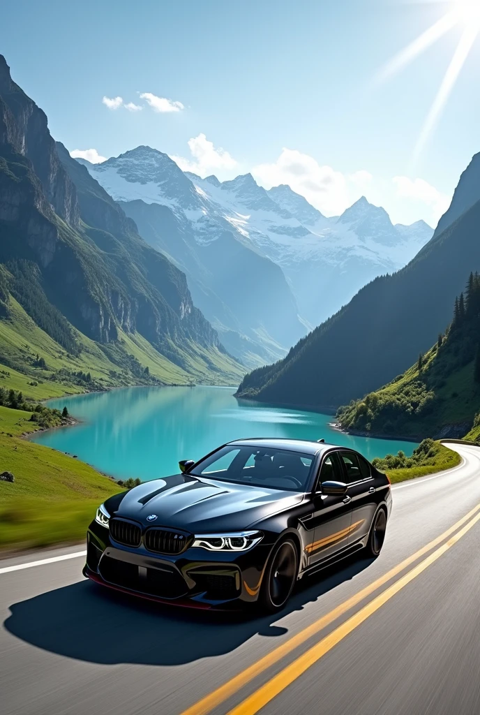describe the black bmw m5 cs in switzerland the beautiful nature