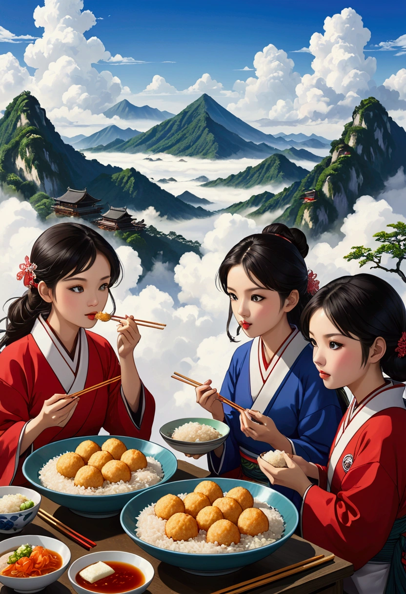 Numerous girls eating rice balls, mountains in a sea of clouds