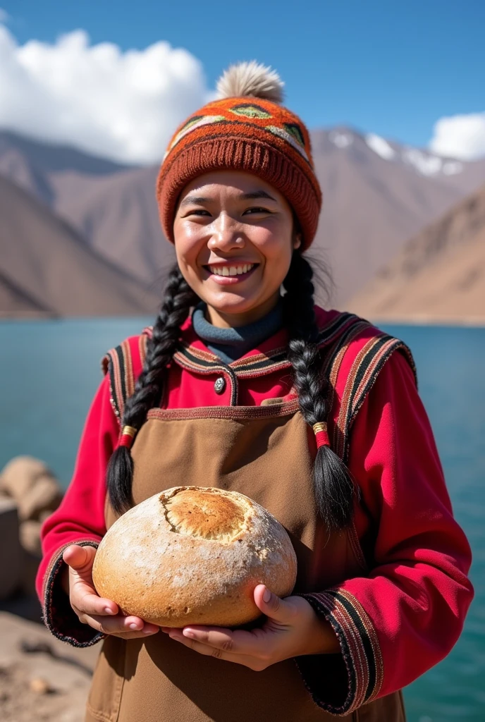 artisanal bread from Puno in Peru for social networks image with the background of Lake Titicaca, baker with indigenous highland chullo presenting the bread