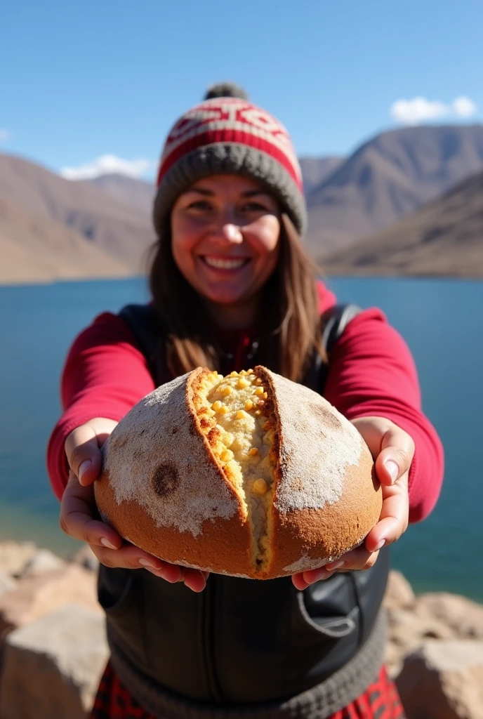 artisanal bread from Puno in Peru for social networks image with the background of Lake Titicaca, baker with indigenous highland chullo presenting the bread
