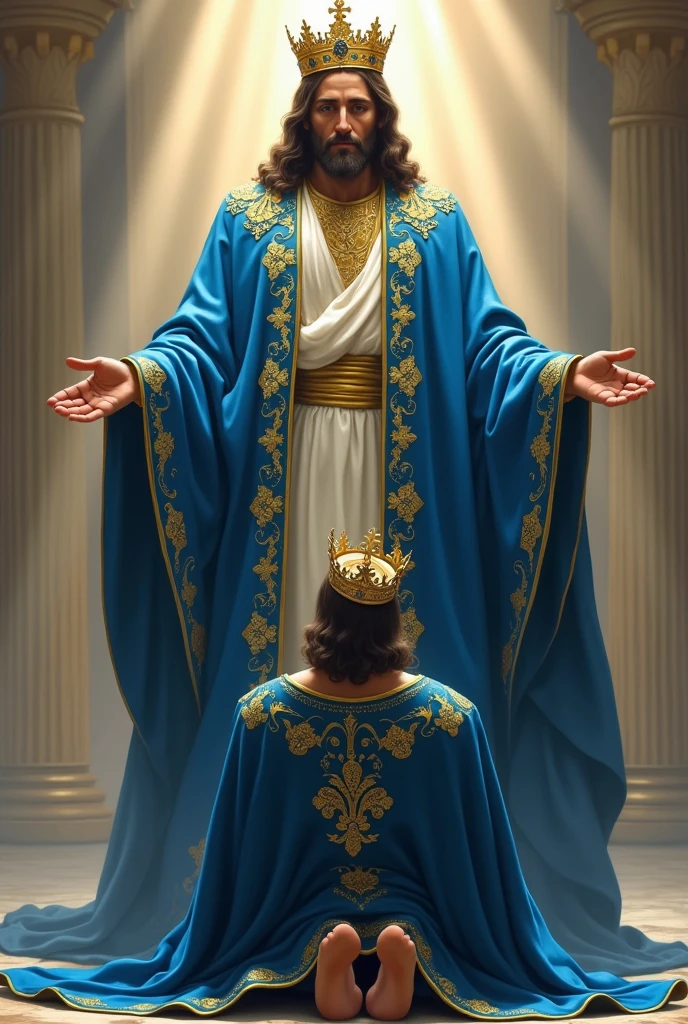 I want you to make a king dressed in blue with fleur-de-lis decorations prostrate before Jesus
