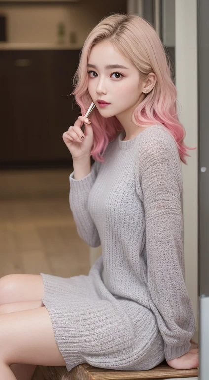 In detail, High resolution, high quality、Perfect dynamic composition, Beautiful attention to detail, Medium Hair, small 、Natural color lip,Kamimei、Shibuya Ward、20-year-old girl、1 person、Clear Skin、Shiny Hair、Tabletop, 最high quality, figure, Very detailed, In detail, High resolution, 8k、The correct state of the human body、Randomly cute poses,pink hair, [(gradient hair from pink to blonde:1.4):0.4], medium hair, CopyPerfect beautiful face,KPOP idol faces,Ecstatic face,Light grey knit dress,Background Blur,Dress up as a model for a women&#39;s fashion magazine