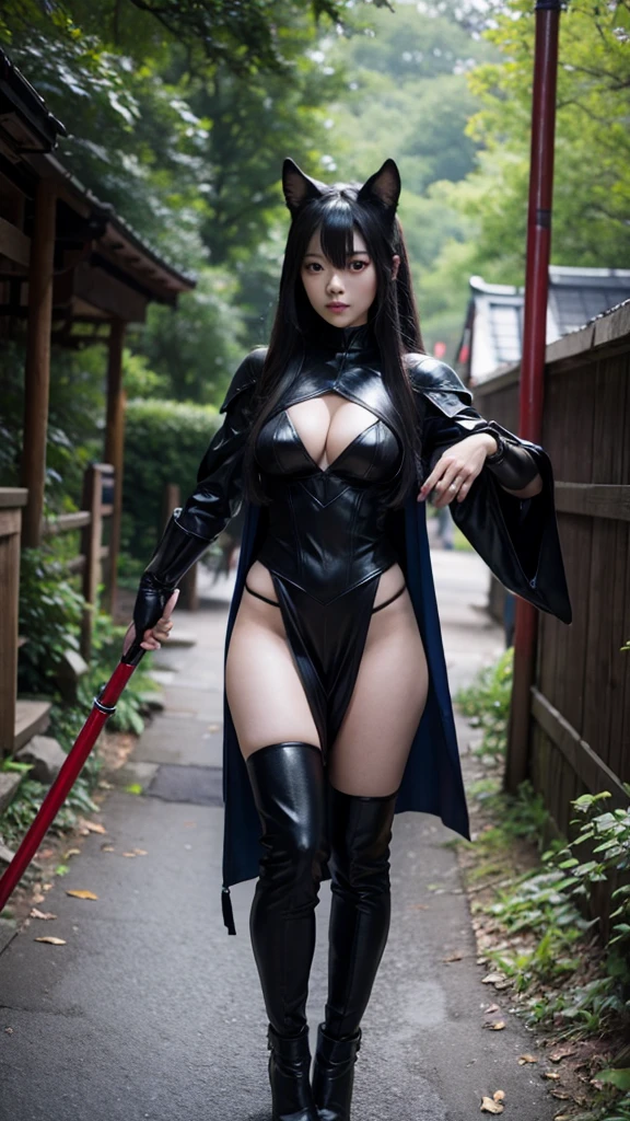 A beautiful evil female monster from a Japanese special effects superhero. She is armed with weapons and a staff typical of superheroes. Photographed in an outdoor location where you might see a special effects superhero film. Her eyes are deep blue and have upturned corners, like a fox.