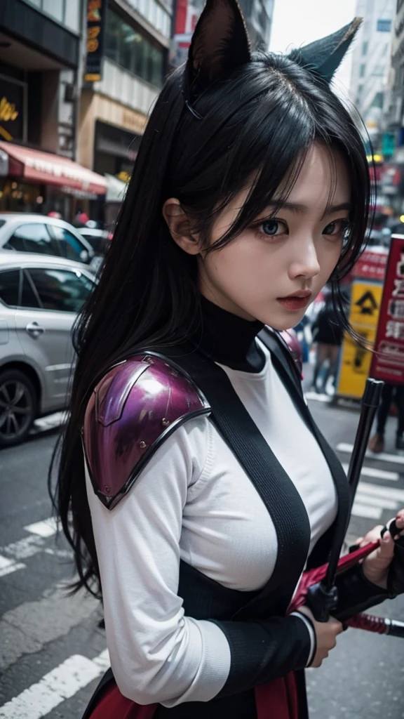 A beautiful evil female monster from a Japanese special effects superhero. She is armed with weapons and a staff typical of superheroes. Photographed in an outdoor location where you might see a special effects superhero film. Her eyes are deep blue and have upturned corners, like a fox.