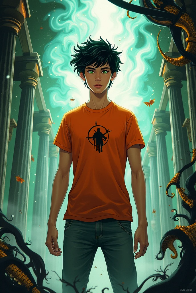 cover of a fantasy book:
In the center a Percy Jackson. black hair. green eyes. And orange shirt from Camp Half-Blood.