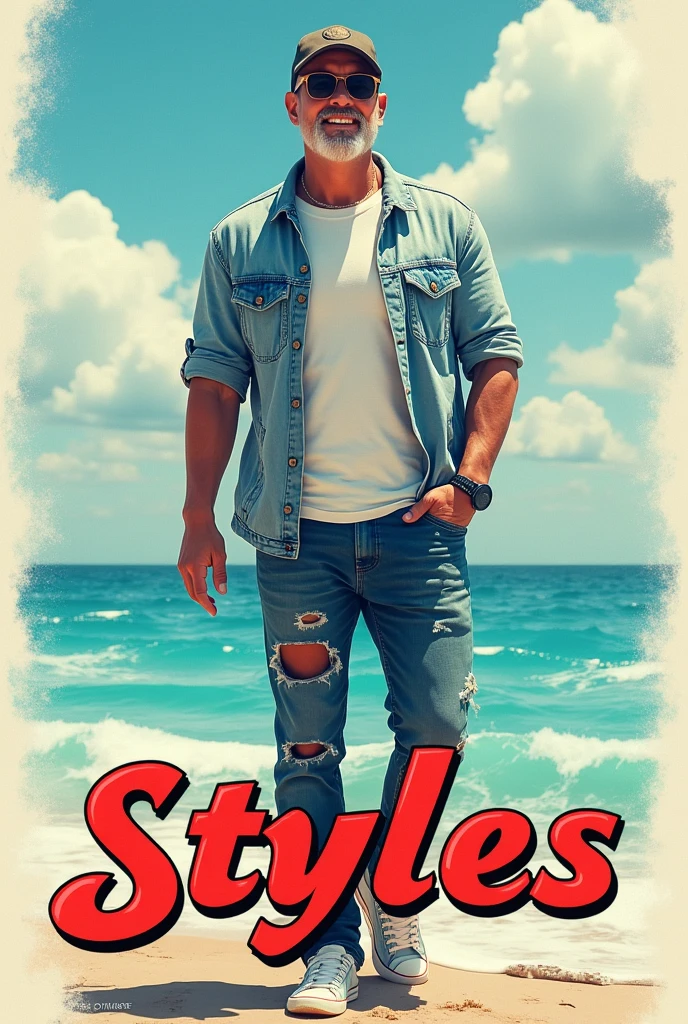I want a man with a cap, glasses,t - shirt,open cold breeze,a pair of pants, and a pair of sneakers on his feet, I also want all styles written under the man's feet in red and black