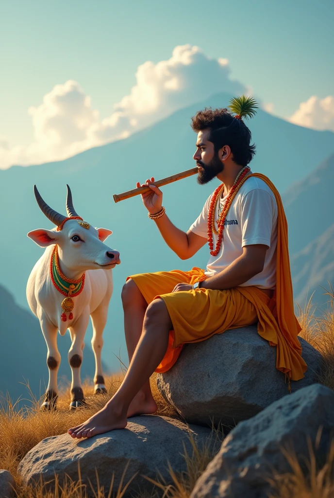 Indian boy sitting next to Krishna and Krishna ji is playing flute, they both sit together on mountain, both are playing flute, boy is wearing t-shirt with name “Rohan” written on it and he is beared like Virat Kohli and even his haursttle is like Virat Kohli, with heaven like beautiful view background, backdrop dance, italic image dry boy is bare foot, boy is handsome, cow is standing nearby, cow is decorated, 4k high quality, high resolution pic
