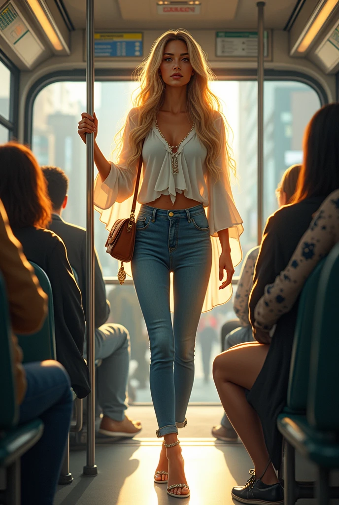 Imagine a goddess riding a city bus, blending her divine presence with the everyday life of modern urban commuting. She stands in the middle of a crowded bus, holding onto a metal pole for balance as the bus moves. Her long, flowing hair, which seems to shimmer with a soft, ethereal light, falls elegantly down her back, catching the attention of those around her. Her eyes are bright and filled with wisdom, scanning the surroundings with a calm, serene expression.
She is dressed in a modern, casual outfit that still hints at her divine nature. She wears a stylish, flowing blouse in a soft white fabric with subtle golden embroidery along the edges, paired with comfortable, fitted jeans. Around her shoulders, she has a light scarf with a celestial pattern of stars and moons woven into it, adding a hint of her mystical origins to her look. Her feet are adorned with simple, elegant sandals that reveal her glowing skin, which has a faint, golden hue.
She carries a small, crossbody bag that is practical yet elegant, with a celestial motif subtly embossed on its leather. Despite the mundane setting, a faint, divine aura surrounds her, giving off a soft, warm glow that contrasts with the bus’s fluorescent lighting. The other passengers seem slightly captivated by her presence, sensing something extraordinary about her despite her modest appearance.
Through the bus windows, the cityscape rushes by—a mix of tall buildings, bustling streets, and people going about their day. The goddess stands with grace, perfectly balanced, unaffected by the bus's sudden stops and starts. A small, gentle smile plays on her lips, as if she finds joy in this simple, human experience.
Even in this everyday moment, her divine nature shines through, turning a routine bus ride into a scene of quiet, otherworldly beauty.