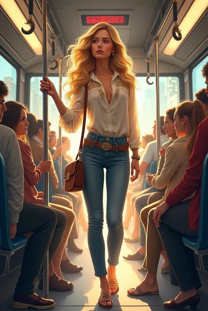 Imagine a goddess riding a city bus, blending her divine presence with the everyday life of modern urban commuting. She stands in the middle of a crowded bus, holding onto a metal pole for balance as the bus moves. Her long, flowing hair, which seems to shimmer with a soft, ethereal light, falls elegantly down her back, catching the attention of those around her. Her eyes are bright and filled with wisdom, scanning the surroundings with a calm, serene expression.

She is dressed in a modern, casual outfit that still hints at her divine nature. She wears a stylish, flowing blouse in a soft white fabric with subtle golden embroidery along the edges, paired with comfortable, fitted jeans. Around her shoulders, she has a light scarf with a celestial pattern of stars and moons woven into it, adding a hint of her mystical origins to her look. Her feet are adorned with simple, elegant sandals that reveal her glowing skin, which has a faint, golden hue.

She carries a small, crossbody bag that is practical yet elegant, with a celestial motif subtly embossed on its leather. Despite the mundane setting, a faint, divine aura surrounds her, giving off a soft, warm glow that contrasts with the bus’s fluorescent lighting. The other passengers seem slightly captivated by her presence, sensing something extraordinary about her despite her modest appearance.

Through the bus windows, the cityscape rushes by—a mix of tall buildings, bustling streets, and people going about their day. The goddess stands with grace, perfectly balanced, unaffected by the bus's sudden stops and starts. A small, gentle smile plays on her lips, as if she finds joy in this simple, human experience.

Even in this everyday moment, her divine nature shines through, turning a routine bus ride into a scene of quiet, otherworldly beauty.