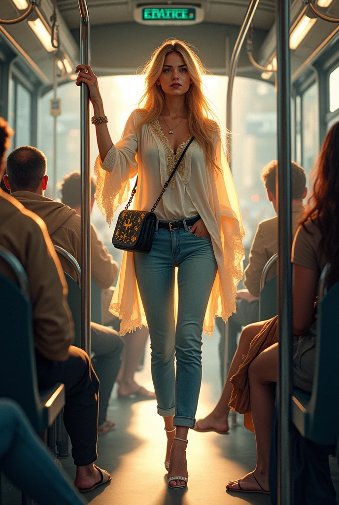 Imagine a goddess riding a city bus, blending her divine presence with the everyday life of modern urban commuting. She stands in the middle of a crowded bus, holding onto a metal pole for balance as the bus moves. Her long, flowing hair, which seems to shimmer with a soft, ethereal light, falls elegantly down her back, catching the attention of those around her. Her eyes are bright and filled with wisdom, scanning the surroundings with a calm, serene expression.

She is dressed in a modern, casual outfit that still hints at her divine nature. She wears a stylish, flowing blouse in a soft white fabric with subtle golden embroidery along the edges, paired with comfortable, fitted jeans. Around her shoulders, she has a light scarf with a celestial pattern of stars and moons woven into it, adding a hint of her mystical origins to her look. Her feet are adorned with simple, elegant sandals that reveal her glowing skin, which has a faint, golden hue.

She carries a small, crossbody bag that is practical yet elegant, with a celestial motif subtly embossed on its leather. Despite the mundane setting, a faint, divine aura surrounds her, giving off a soft, warm glow that contrasts with the bus’s fluorescent lighting. The other passengers seem slightly captivated by her presence, sensing something extraordinary about her despite her modest appearance.

Through the bus windows, the cityscape rushes by—a mix of tall buildings, bustling streets, and people going about their day. The goddess stands with grace, perfectly balanced, unaffected by the bus's sudden stops and starts. A small, gentle smile plays on her lips, as if she finds joy in this simple, human experience.

Even in this everyday moment, her divine nature shines through, turning a routine bus ride into a scene of quiet, otherworldly beauty.