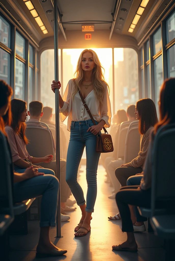 Imagine a goddess riding a city bus, blending her divine presence with the everyday life of modern urban commuting. She stands in the middle of a crowded bus, holding onto a metal pole for balance as the bus moves. Her long, flowing hair, which seems to shimmer with a soft, ethereal light, falls elegantly down her back, catching the attention of those around her. Her eyes are bright and filled with wisdom, scanning the surroundings with a calm, serene expression.

She is dressed in a modern, casual outfit that still hints at her divine nature. She wears a stylish, flowing blouse in a soft white fabric with subtle golden embroidery along the edges, paired with comfortable, fitted jeans. Around her shoulders, she has a light scarf with a celestial pattern of stars and moons woven into it, adding a hint of her mystical origins to her look. Her feet are adorned with simple, elegant sandals that reveal her glowing skin, which has a faint, golden hue.

She carries a small, crossbody bag that is practical yet elegant, with a celestial motif subtly embossed on its leather. Despite the mundane setting, a faint, divine aura surrounds her, giving off a soft, warm glow that contrasts with the bus’s fluorescent lighting. The other passengers seem slightly captivated by her presence, sensing something extraordinary about her despite her modest appearance.

Through the bus windows, the cityscape rushes by—a mix of tall buildings, bustling streets, and people going about their day. The goddess stands with grace, perfectly balanced, unaffected by the bus's sudden stops and starts. A small, gentle smile plays on her lips, as if she finds joy in this simple, human experience.

Even in this everyday moment, her divine nature shines through, turning a routine bus ride into a scene of quiet, otherworldly beauty.