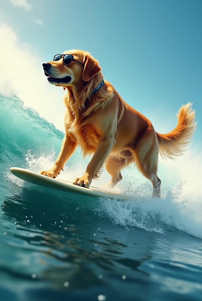Golden Retriever、Surfing in the sea、Realistic fur、Realistic、raw、Photorealistic、Super detailed、high resolution、high quality、High resolution、Big Wave、sunglasses、Handstand、Jump、Riding the waves