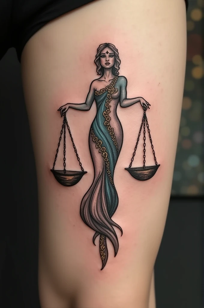 Delicate tattoo that combines the scales of justice with the mirror of Oxum (river goddess)