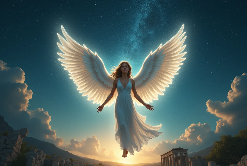((masterpiece, Highest quality, Best image quality, High resolution, Realistic, RAW Photos, 8k)), ((Highly detailed CG synthesis 8k wallpaper)), (Starry sky background、A beautiful star is shining、The girl flew off into the sky on her white wings.、Smiling kindly at the audience、A girl&#39;s smile floating vaguely in the starry sky、Mysterious starry sky、Incredible beauty, Perfect Proportions:1.4), Looking up at the stars from the ruins of ancient Greece,From Mount Olympus、 Movie Posters, past, present and future,