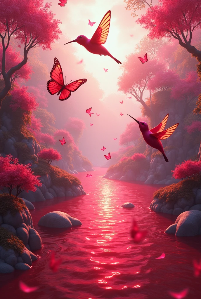 Create an image with "butterflies" with "hummingbirds" with a fuchsia color and animated red sea that has a small image and that has a C in the middle of the hummingbirds with an image of the same size sea.
