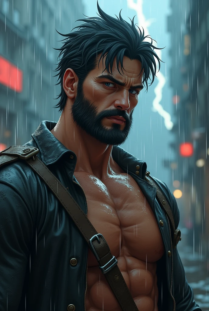 realista:1.3,( fotorrealista, 8K, Fotos CRUDAS, Calidad premium, obra maestra, epic lighting. de cerca, Imagen centrada), (primer plano),((1 young man of 18 years, hermoso, seguro de si mismo, well formed muscles, post apocalyptic, guerrero, Rostro y cuerpo perfectamente detallados, (primer plano), escenario lluvioso, poca iluminacion por la lluvia,ropa y cabello mojado, por la lluvia, gotas cayendo por ropa y cara, rostro y cuerpo mojados por la lluvia,iluminacion del de rayos, dynamic pose, cabello hermoso y detallado, ropa de cuero))