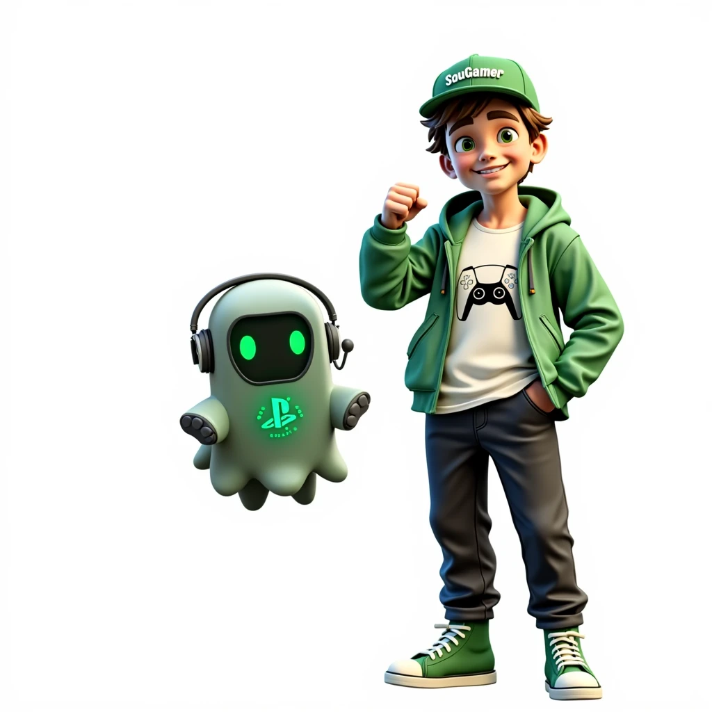 Create two characters that interact with each other. The two characters are friends through many adventures.
Character 1: Boy approximately 1 . He is tall. His facial expression is friendly and smiling., with big green eyes that convey a sense of curiosity and joy. your hair is short, brown in color and slightly disheveled, visible under the CAP. His cap is green and has a Playstation 5 controller printed on the front.. He wears a white T-shirt under a hooded jacket and matching cap.. The jacket has the word "Soulgamer" written visibly at chest height. He wears loose black pants that fit comfortably over green sneakers that match his jacket and cap., with white shoelaces tied tightly. Character 1 is standing with the fist of one of his hands clenched while the fist of his other hand is raised as if he is celebrating..
Character 2: Medium-sized robot mascot with ghost-like appearance. Resembling a drop. On his hands he has five well-defined fingers. His facial expression has large, green eyes with a glow, conveying a friendly and cheerful expression. He has a small open mouth with a happy smile and flushed cheeks.. Its body is white with small green details and a smooth, slightly shiny texture.. He has a headset on his head with an adjustable microphone positioned close to his mouth.. And on his chest you can see the illuminated shape of a Playstation 5 controller in fluorescent green.. It floats in the air, as if he were ready for an adventure.
The scene consists of a stone road with plants on the side and behind the characters you can see a portal where the word is written "Soul Gamer"