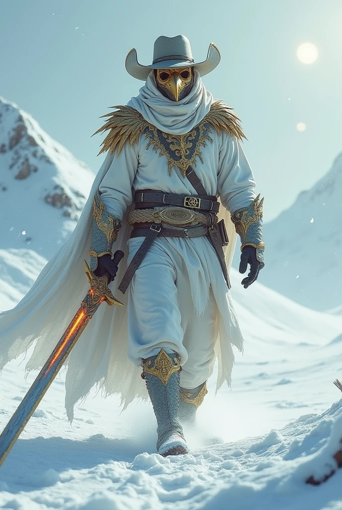 Hunter in an Arctic desert, with a long sword of fire and ice (it's the same sword, possessing both powers). He wears a golden plague mask (those masks with a huge beak) and white dragon details on the outfit, besides a cowboy hat (not very wide).