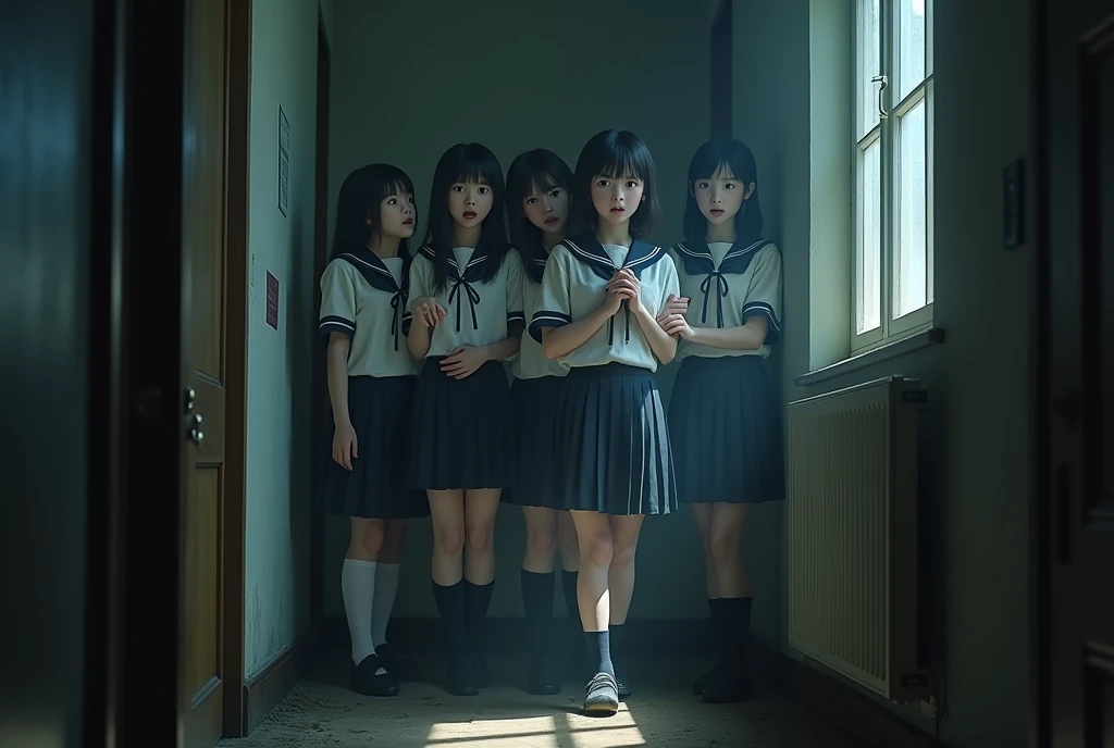 (Full shot photograph:1.3), (Japanese high school girls:1.4), (sailor uniforms:1.3), (haunted house interior:1.3), (after school scene:1.2), (friends scared together:1.3), (realistic:1.2), (high resolution:1.2). Break,
(Group of teenage girls:1.3), (2-3 girls:1.2), (aged 16-18:1.2), (traditional sailor uniforms:1.3), (pleated skirts:1.2), (knee-high socks:1.1), (school bags:1.2). Break,
(Haunted house setting:1.3), (dim lighting:1.2), (eerie atmosphere:1.2), (cobwebs:1.1), (creepy props:1.2), (old furniture:1.1), (spooky decorations:1.2). Break,
(Scared expressions:1.3), (wide eyes:1.2), (open mouths:1.2), (clutching each other:1.2), (defensive postures:1.2), (looking around fearfully:1.2). Break,
(Dynamic poses:1.2), (mid-motion:1.2), (walking cautiously:1.2), (huddled together:1.2), (one girl pointing at something scary:1.2). Break,
(Moody lighting:1.2), (shadows:1.2), (contrast:1.2), (focal light on girls:1.2), (background partially in darkness:1.2). Break,
(Detailed environment:1.2), (visible textures:1.1), (dust particles in air:1.1), (reflective surfaces:1.1), (depth of field:1.2). Break,
(Emotional storytelling:1.2), (sense of adventure:1.2), (friendship bonds:1.2), (mix of fear and excitement:1.2). Break,
(Natural color palette:1.2), (school uniform colors:1.2), (muted tones of haunted house:1.2), (skin tones:1.2). Break,
(Photorealistic details:1.2), (fabric textures:1.1), (hair movement:1.1), (subtle makeup:1.1), (realistic lighting effects:1.2).