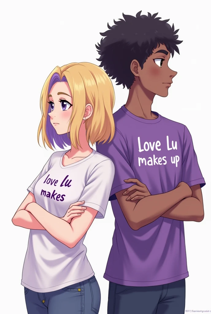 Aesthetic drawing of a couple with their arms crossed and their backs to each other.  blonde with purple hair highlights and white blouse with the words Love Lu makes in purple.  black curly hair purple blouse with the words Love Lu makes up in white.
